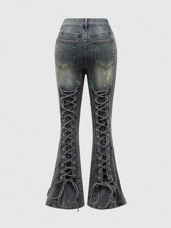 Grunge Punk Jeans évasés à taille haute style vintage punk pour femmes, taille élastique ajustable