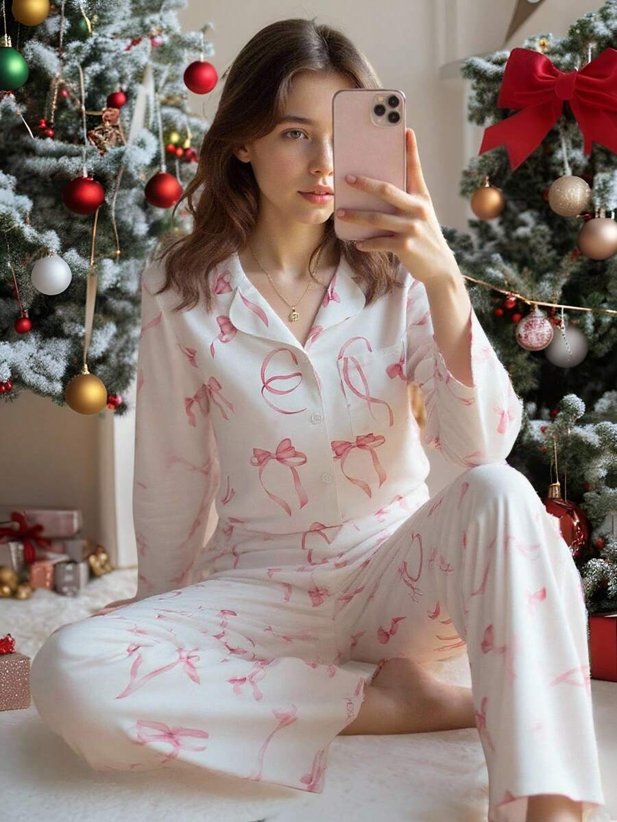 SHEIN Mädchen Teenager Lässige, locker sitzende, bequeme Schlafanzughose mit Schleifen-Dekor als Freizeitkleidung