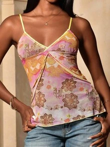 Mima John Top camisola com alças finas, acabamento em renda, cintura marcada, estampa floral vintage ombré, bainha com babados, verão - Multicolorido - Ver 3