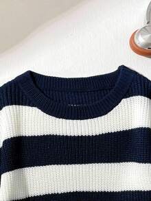 SHEIN Tween Girl Casual Striped Colorblock Off Shoulder Loose Batwing Long Sleeve Sweater, Autumn/Winter Fall