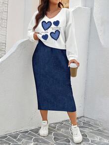 EMERY ROSE Plus Size Women Heart Print Sweatshirt Dress 2 Pieces Set, Casual For Autumn/Winter 2 Piece  Sets Woman Skirt Set Two Piece Set Women Skirt Skirt Set 2 Piece Sets Woman 2 Piece Casual Sets Woman 2 Piece Sets Woman Skirt Women Skirts