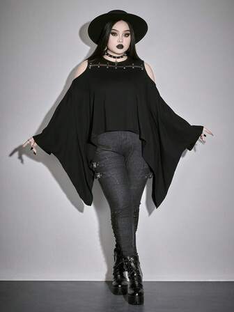 Goth Maglietta nera oversize in stile gotico con decorazione a broccato a forma di ali di pipistrello, orlo asimmetrico e design in rete traforata, adatta per l'autunno/inverno