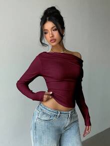 Aloruh Women's Casual Asymmetric T-Shirt With Twist Detail, Solid Color Long Sleeve Knit T-Shirt, Suitable For Autumn/Winter, Elegant For Dates And Everyday Wear,Red Top