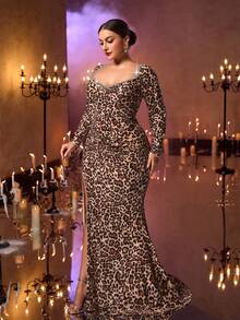 Glamrae Große Größen elegantes luxuriöses Leopard Muster Pailletten verziertes Kleid mit Herzausschnitt, Langarm und figurbetontem Meerjungfrauensaum, geeignet für Abendpartys, Dates, Proms, Hochzeiten, Abschlussfeiern, Urlaub - Verschiedenfarbig - Übersicht 9