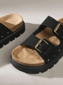 Solecia 新款编织双带拉菲草厚底搭扣黑色厚底凉鞋，休闲假日度假风，圣诞节必备 - 黑色 - 查看 5