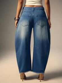 Women Fashion Barrel Leg Ripped Jeans - Blue - View 2