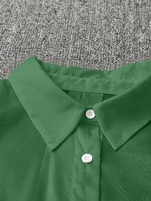 SHEIN Clasi 大码纯色休闲透明蝴蝶结长袖衬衫 - 綠色 - 查看 3