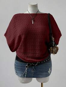 Flirla 大码女式时尚优雅波西米亚风镂空短袖宽松针织衫，适合度假、春、夏、秋季穿着。 - 酒紅色 - 查看 4