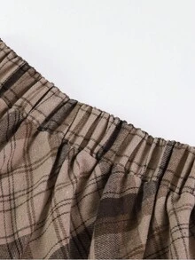 SHEIN 少女纯色立领长袖上衣和格子印花迷你裙两件套