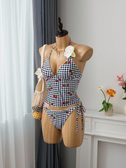 Bellisia Cherry Plaid Bikini Set Halter Style, Summer