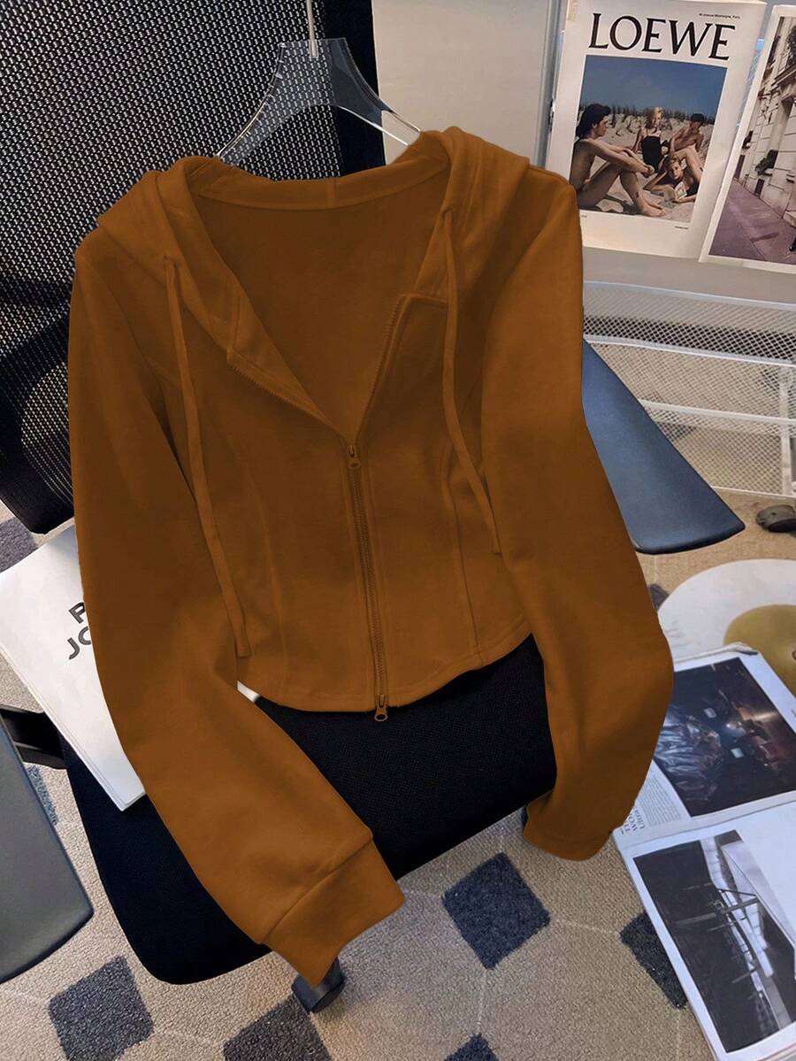 SHEIN 女士休闲日常通勤简约纯色拉链抽绳连帽短款夹克,春秋季 - 棕色 - 查看 1