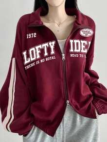 DAZY 休闲学院风宽松字母印花女式拉链卫衣夹克 - 酒紅色 - 查看 1