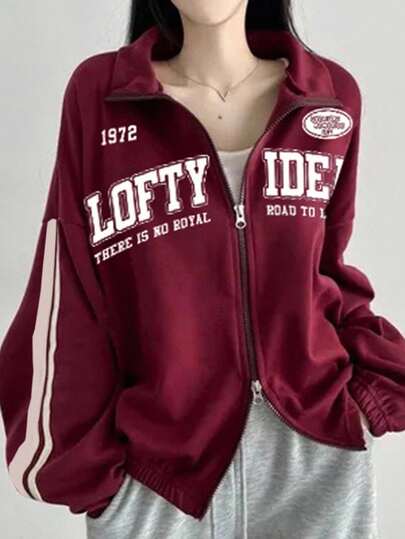 DAZY カジュアルカレッジスタイル ルーズレタープリント レディーススウェットジャケット ジップアップ、パーカー
