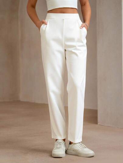 SHEIN PETITE Women's Elegant Straight-Leg White Pants With Side Pockets And Zipper, Solid Color Fall Women Clothes Back To School
