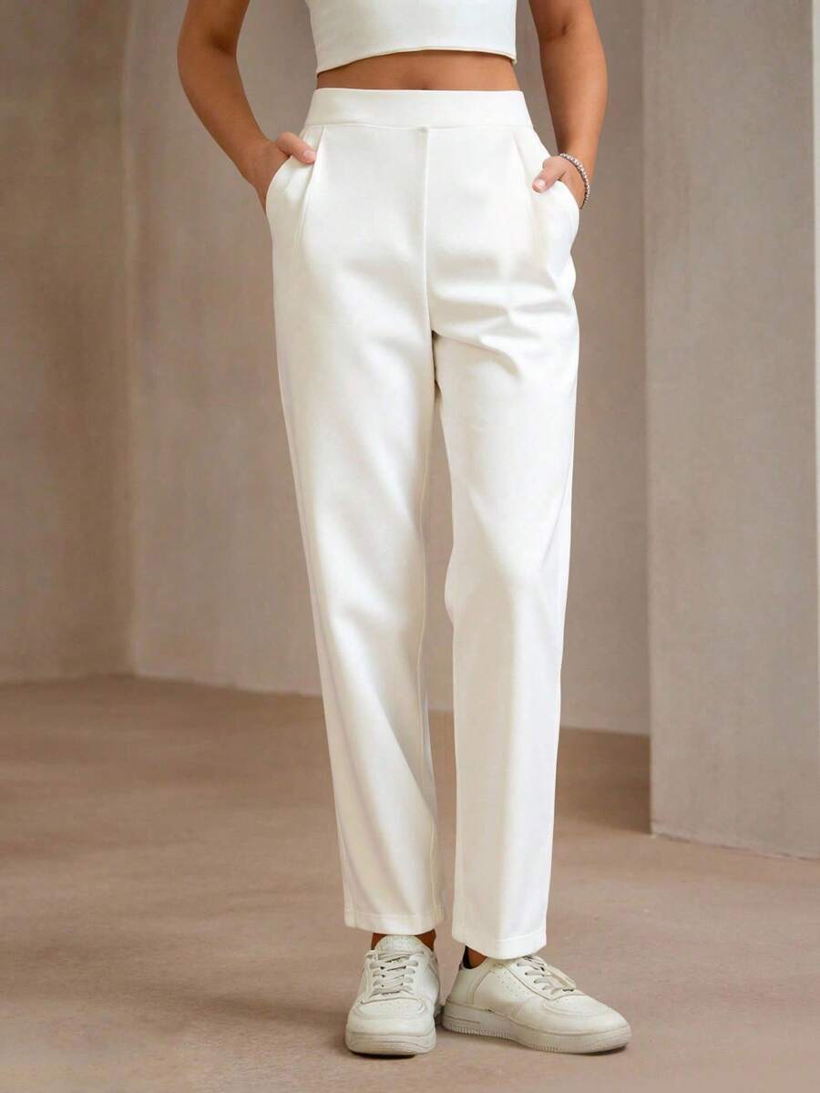 SHEIN PETITE Women's Elegant Straight-Leg White Pants With Side Pockets And Zipper, Solid Color Fall Women Clothes Back To School - White - View 1