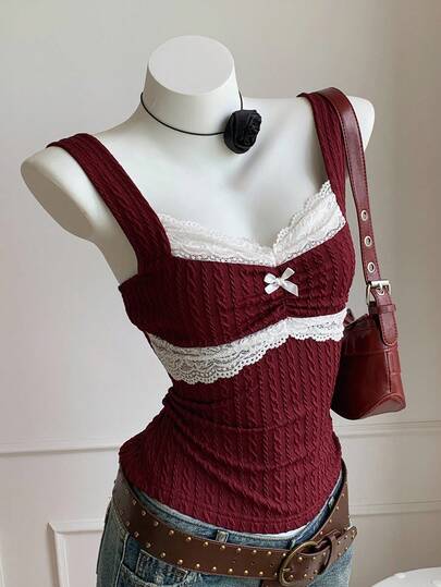 Comfortcana Women's Colorblock Lace Patchwork Bow Decor Fitted Camisole Wine Red Top Burgundy Top Red And White Top, Christmas