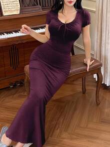 DAZY Ruffled Collar Tie-Up Bodycon Casual Dress For Women Pajama - Burgundy - View 4