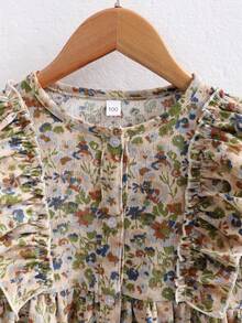 Elladie kids 年轻女孩花卉图案圆领长袖荷叶边单排扣休闲可爱连衣裙