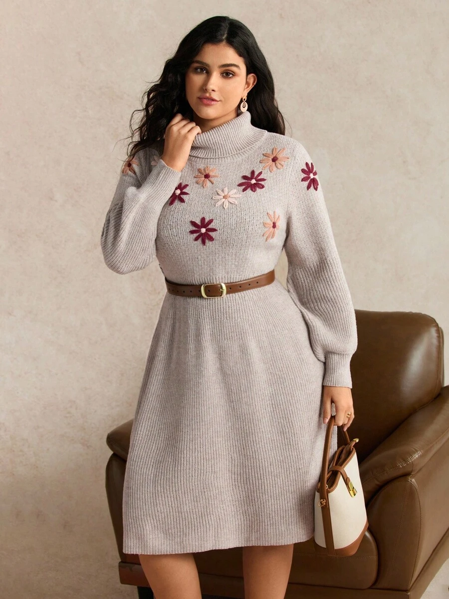 SHEIN LUNE Plus Size Floral Embroidered Turtleneck Lantern Sleeve Knit Midi Dress, Elegant & Slimming, Autumn/Winter - Camel - View 1