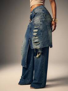 Denimoi Baggy Fit Distressed Frayed Hem Overlapping Denim Jeans - Medium Wash - View 2