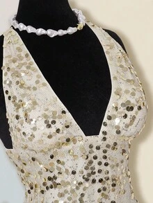 SHEIN ICON Sexy Backless Criss-Cross Tie Sequin Deep V-Neck Camisole For Women