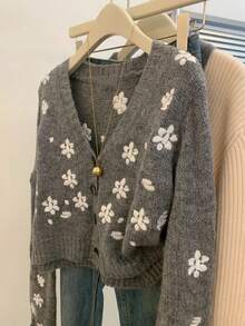 INAWLY Women's Casual Floral Embroidery Button Front Dolman Cardigan, Autumn/Winter - Grey - View 1