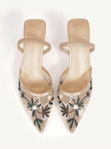CUCCOO CHICEST Sapatos femininos de salto agulha com renda bordada floral champanhe, bico fino, salto médio, elegante, romântico, vintage, salto alto, mule, slip-on, adequados para convidadas de casamento, ocasiões formais, Halloween, Natal, Ação de Graças - Ouro - Ver 8