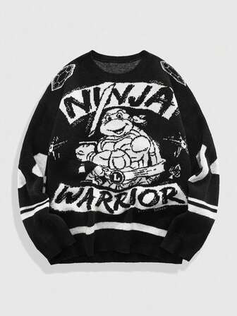 TEENAGE MUTANT NINJA TURTLES X ROMWE Herren Lässig Pullover mit Buchstaben- und Schildkrötenmuster, Rundhalsausschnitt, Herbst/Winter