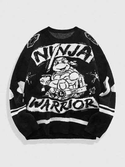 TEENAGE MUTANT NINJA TURTLES X ROMWE Men's Letter & Turtle Pattern Crew Neck Sweater, Autumn/Winter