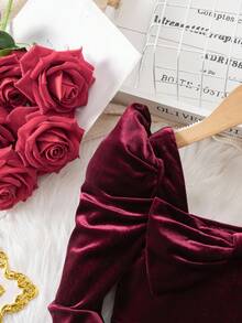 Young Girl Cute & Elegant Red Bow Knitted Long Sleeve Dress - Burgundy - View 3