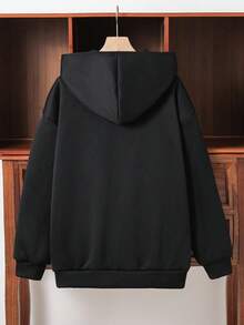 SHEIN 青少年男孩 1件休閒文字印花連帽冬季衛衣，保暖黑色秋季街頭風，適合返校、畢業，舒適針織百搭款 - 黑色 - 查看 2