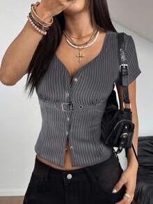 StreetHx Women's Casual Striped Metal Decor Button-Up Short Sleeve Shirt, Spring - Grey - View 1