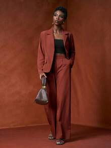 Zivah 2025 秋冬新品，音乐节，毕业季，学院风，学生装，日常休闲，度假，海滩，街头装，通勤优雅，长袖宽松西装外套和裤子两件套，红棕色亚麻质感褶皱面料 - 棕色 - 查看 7