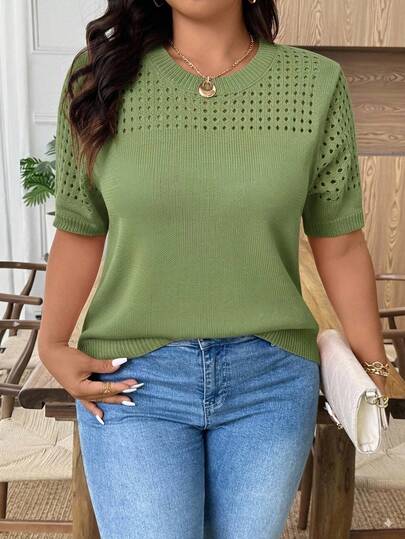 EMERY ROSE Blusas de manga corta con cuello redondo y diseño calado para tallas grandes