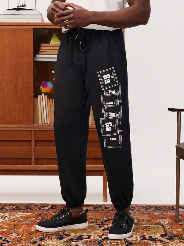 THE BIG BANG THEORY X SHEIN Pantalones largos informales para hombre con cintura elástica con cordón y puño elástico con impresión de letras para primavera y otoño