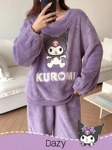 HELLO KITTY AND FRIENDS | SHEIN 女士宽松卡通刺绣上衣和裤子睡衣套装，秋冬季服装 - 紫色 - 查看 4