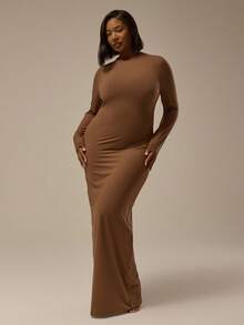MUSERA Robe longue moulante à manches longues Plus Size, Robe de soirée de base sexy, Courbe Toffee - Tabac - Voir 4