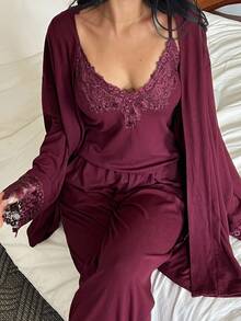 DAZY 3pcs Lace Patchwork Robe, Camisole Top And Pants Women Sleepwear Pajama Set, Fall Winter Clothes - Hot Pink - View 4