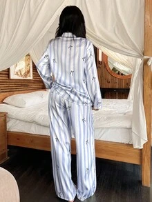 DAZY 条纹蝴蝶结印花缎面撞色饰边女士睡衣套装，秋季服装 - 藍色 - 查看 2