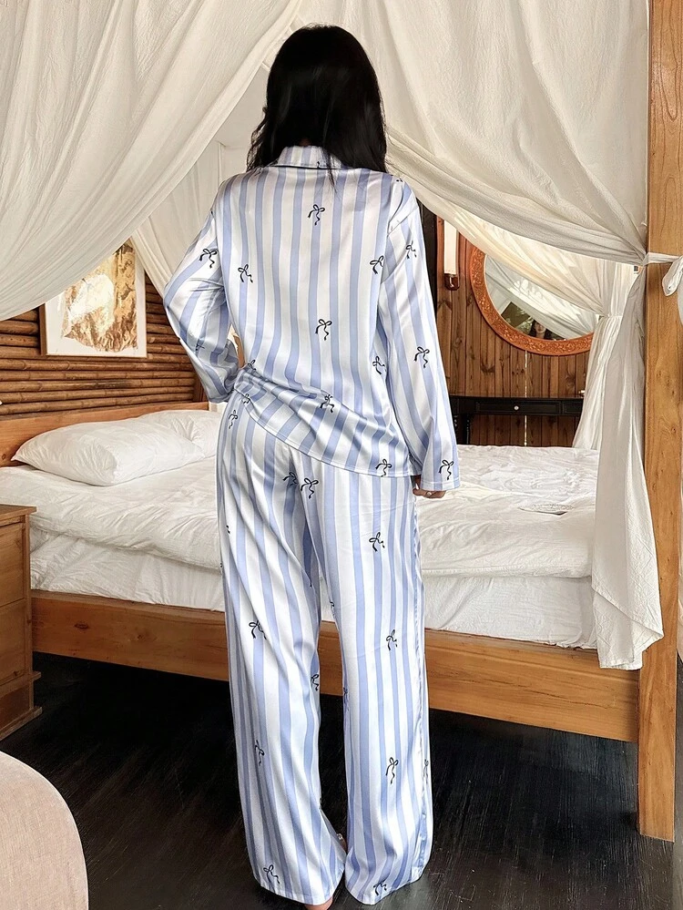 Striped Bow Print Satin Contrast Trim Women Pajama Set, Fall Clothes