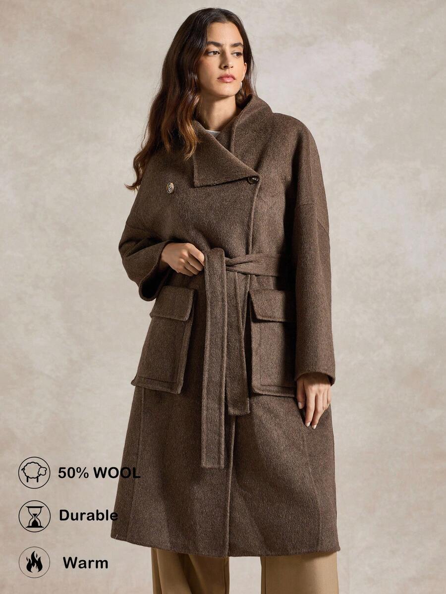 Briarwyn 女士时尚纯色瀑布领翻盖口袋系带大衣 - 咖啡棕 - 查看 1