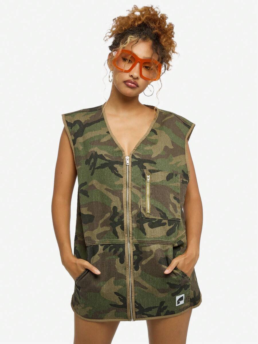 SUMWON WOMEN Cotton Women Camouflage Utility Vest Military Style Mini Dress Length Sleeveless Zip Front Fashion Outerwear Jacket Fall Winter Streetwear Modern Design With Matching Boots - Army Green - View 1