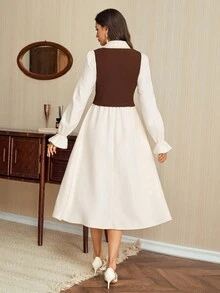 Vintamour 2 件复古经典优雅女士修身背心连衣裙套装，衬衫裙套装，杏色连衣裙和棕色背心套装，长袖套装，秋冬 - 咖啡棕 - 查看 2