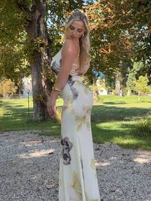 Jeta Ari Women's Elegant Floral Print Maxi Dress: Sleeveless Spaghetti Strap Knitted Mermaid Hem Beige Maxi Dress For Special Occasions - Beige - View 5