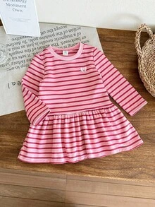 SHEIN LMoss Kids Baby Girl Round Neck Striped Long Sleeve Ruffle Hem Casual Dress Fall Winter - Multicolor - View 1