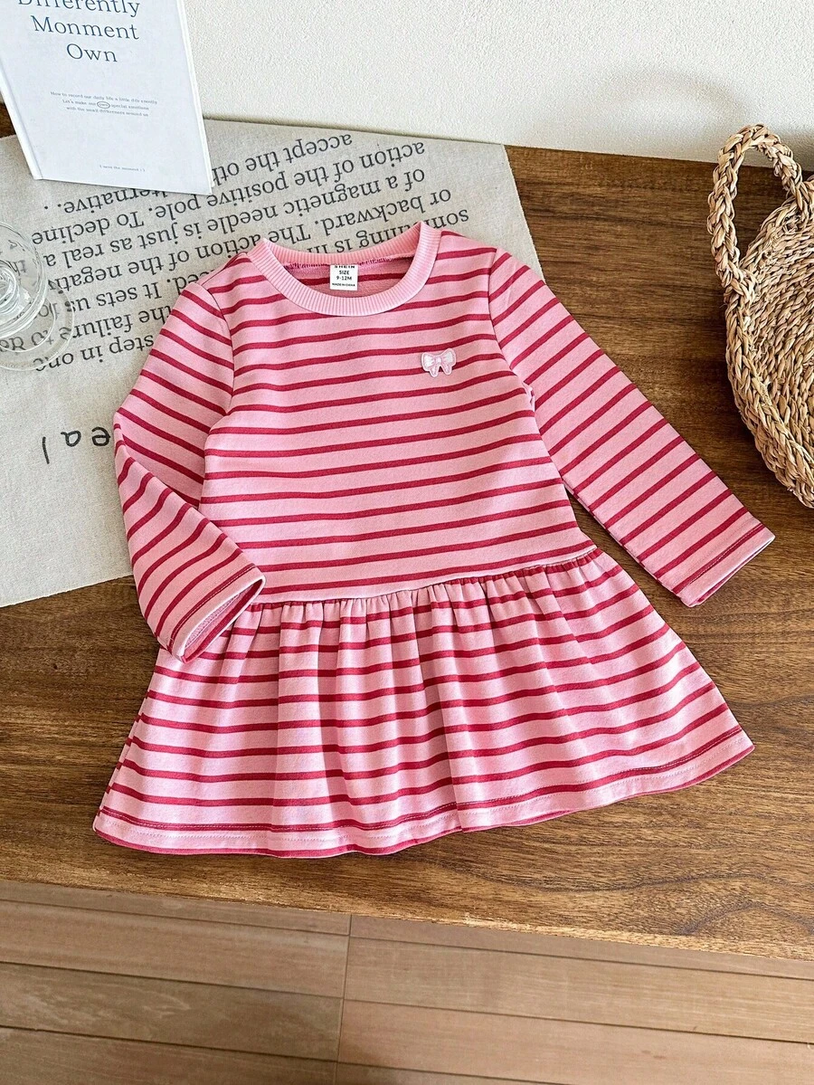 SHEIN LMoss Kids Baby Girl Round Neck Striped Long Sleeve Ruffle Hem Casual Dress Fall Winter - Multicolor - View 1