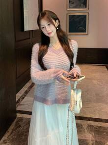 DAZY Women's V-Neck Korean Style Long Sleeve Fuzzy Knit Sweater, Autumn/Winter - Grey - View 3