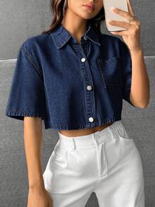 SHEIN EZwear Women's Casual Washed Cropped Denim Shirt - Dark Wash - View 6