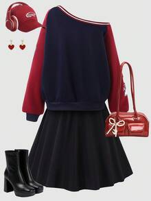 Setelan Sweatshirt dan Rok Lipit Warna Polos dengan Motif Angka Kontras Warna dan Bahu Terbuka untuk Remaja Perempuan, Cocok untuk Pakaian Kasual Sehari-hari - Biru - View 2