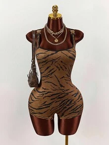 Amplova Mono de moda salvaje para mujer de talla grande con cuello cuadrado y redondo, estampado de tigre, accesorios metálicos, sin mangas, espalda descubierta y hebilla cruzada ajustada - Marrón - Ver 3
